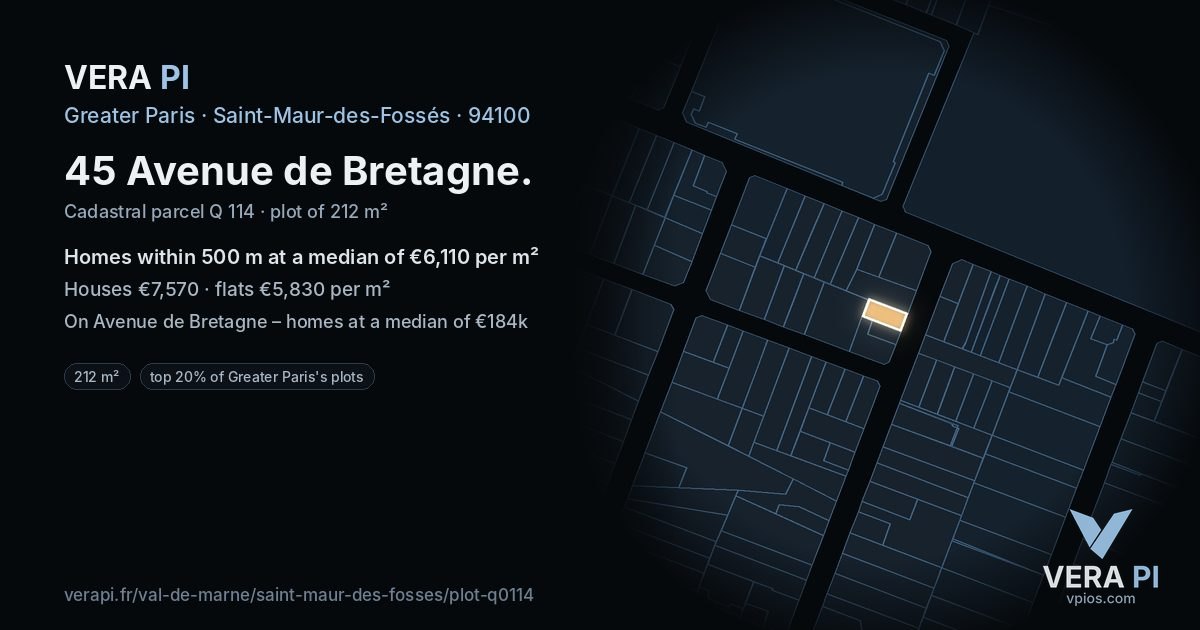 45 Avenue de Bretagne, Saint-Maur-des-Fossés at night – the plot lit, the parcels around coloured by the prices near them