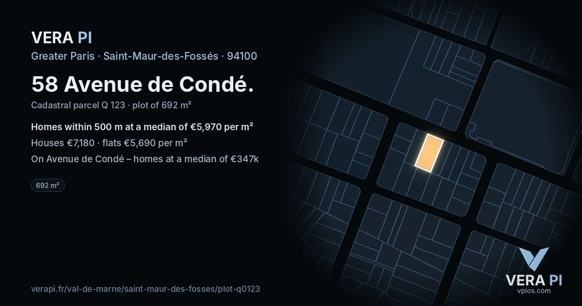 58 Avenue de Condé, Saint-Maur-des-Fossés at night – the plot lit, the parcels around coloured by the prices near them