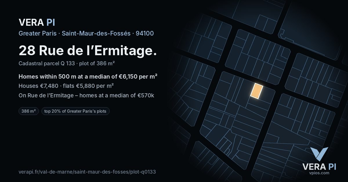 28 Rue de l’Ermitage, Saint-Maur-des-Fossés at night – the plot lit, the parcels around coloured by the prices near them