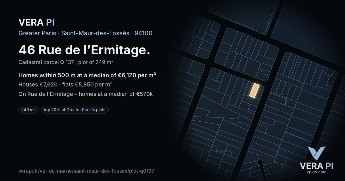 46 Rue de l’Ermitage, Saint-Maur-des-Fossés at night – the plot lit, the parcels around coloured by the prices near them
