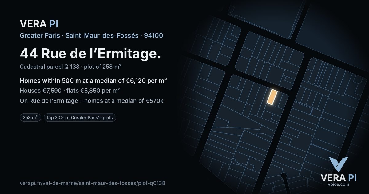 44 Rue de l’Ermitage, Saint-Maur-des-Fossés at night – the plot lit, the parcels around coloured by the prices near them
