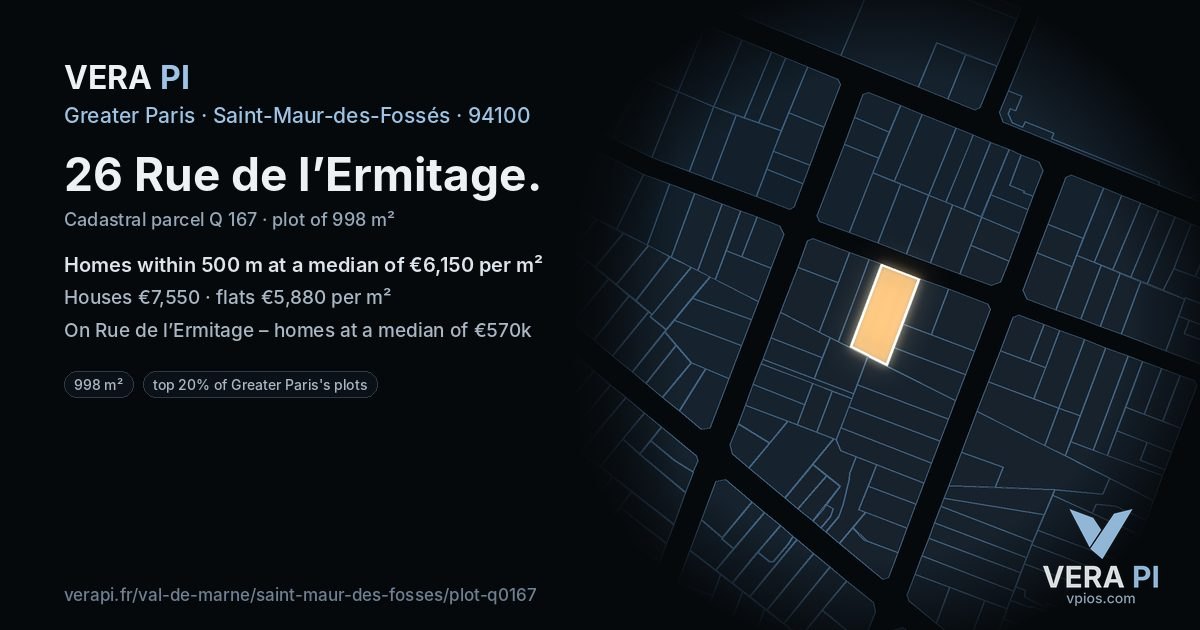 26 Rue de l’Ermitage, Saint-Maur-des-Fossés at night – the plot lit, the parcels around coloured by the prices near them