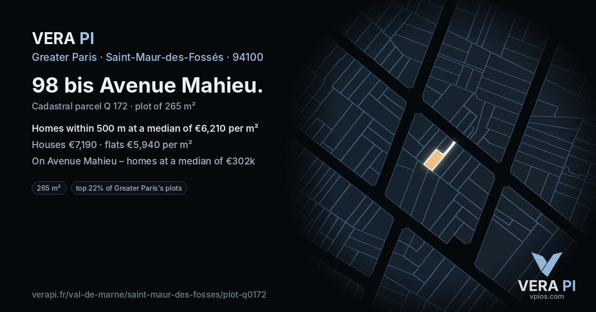 98 bis Avenue Mahieu, Saint-Maur-des-Fossés at night – the plot lit, the parcels around coloured by the prices near them