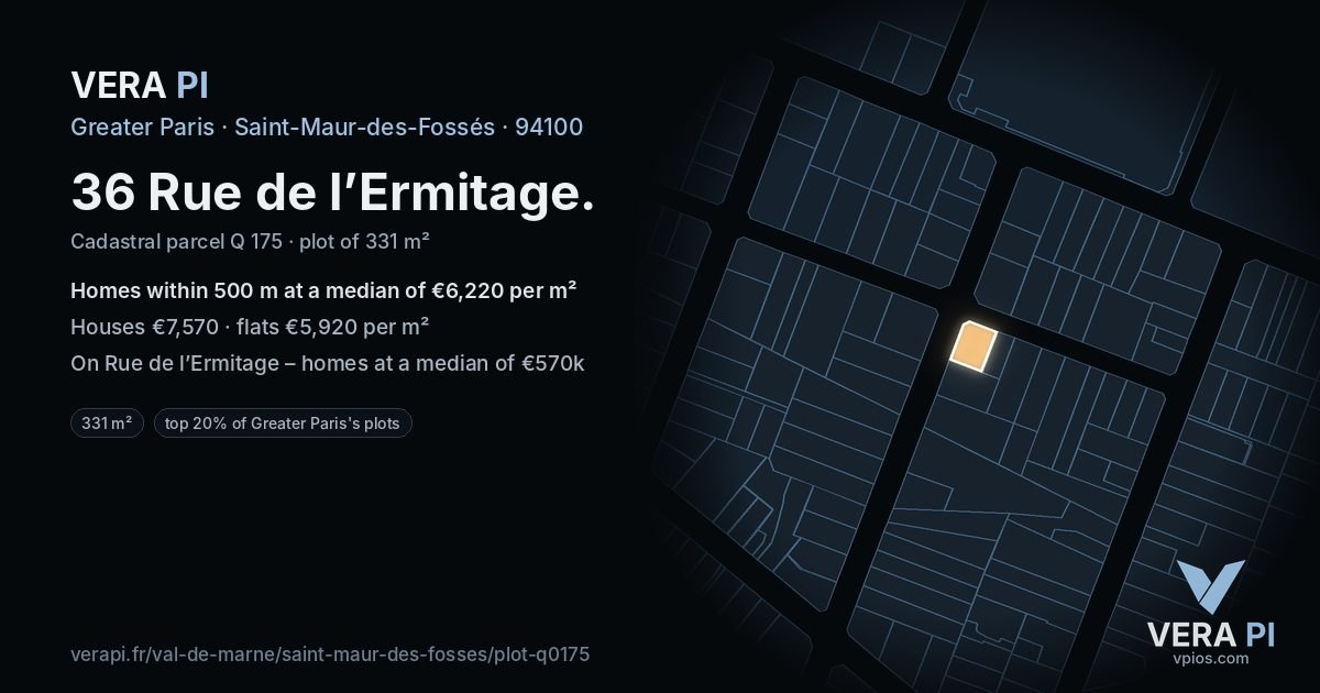 36 Rue de l’Ermitage, Saint-Maur-des-Fossés at night – the plot lit, the parcels around coloured by the prices near them