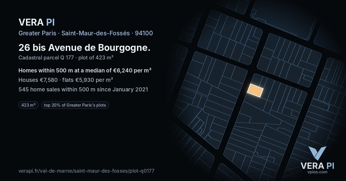 26 bis Avenue de Bourgogne, Saint-Maur-des-Fossés at night – the plot lit, the parcels around coloured by the prices near them