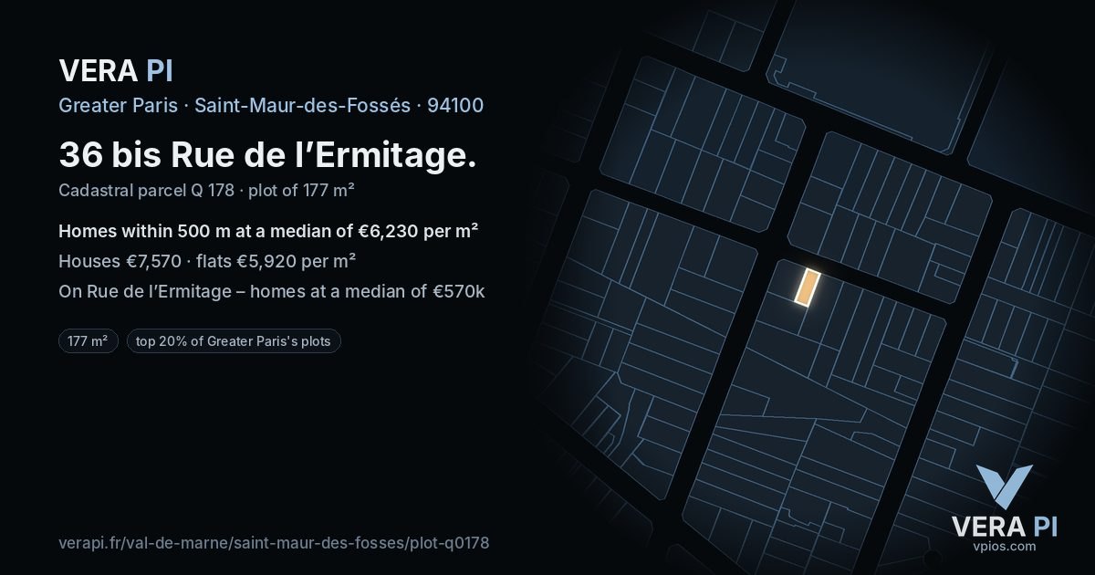 36 bis Rue de l’Ermitage, Saint-Maur-des-Fossés at night – the plot lit, the parcels around coloured by the prices near them