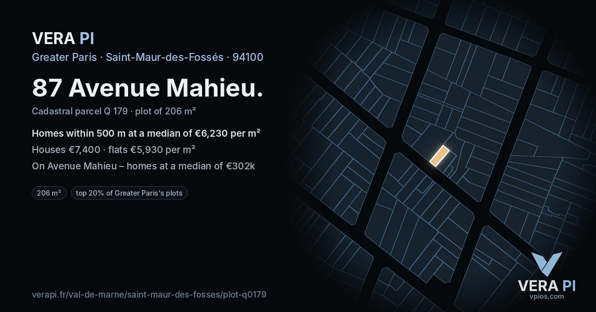 87 Avenue Mahieu, Saint-Maur-des-Fossés at night – the plot lit, the parcels around coloured by the prices near them