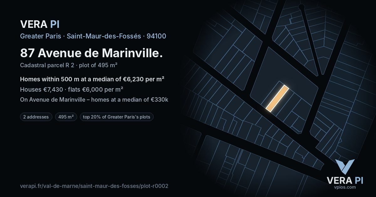 87 Avenue de Marinville, Saint-Maur-des-Fossés at night – the plot lit, the parcels around coloured by the prices near them