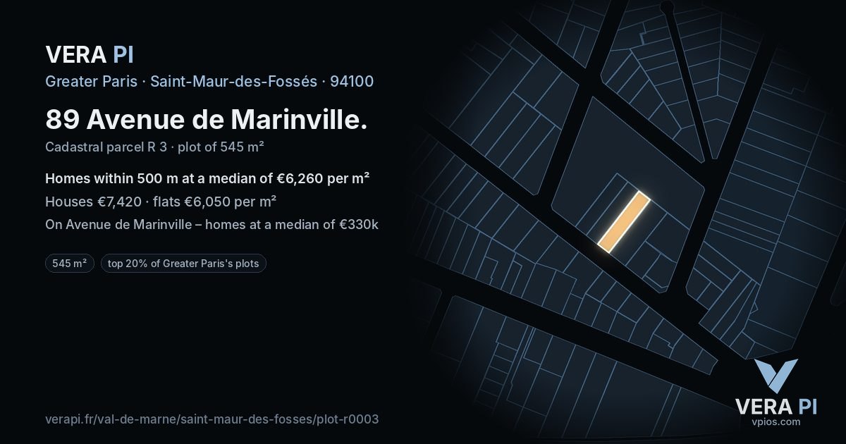 89 Avenue de Marinville, Saint-Maur-des-Fossés at night – the plot lit, the parcels around coloured by the prices near them