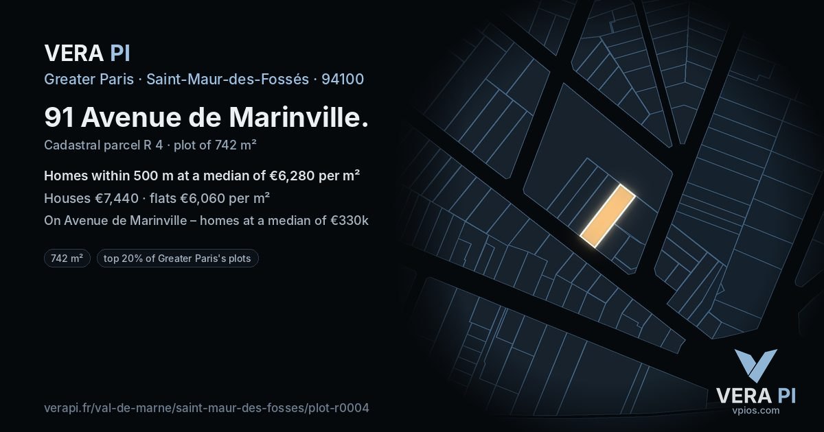 91 Avenue de Marinville, Saint-Maur-des-Fossés at night – the plot lit, the parcels around coloured by the prices near them