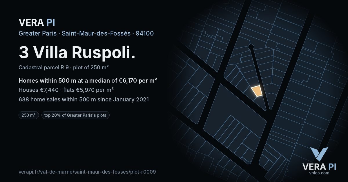 3 Villa Ruspoli, Saint-Maur-des-Fossés at night – the plot lit, the parcels around coloured by the prices near them