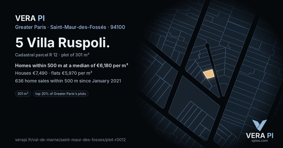 5 Villa Ruspoli, Saint-Maur-des-Fossés at night – the plot lit, the parcels around coloured by the prices near them