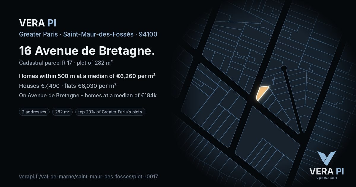 16 Avenue de Bretagne, Saint-Maur-des-Fossés at night – the plot lit, the parcels around coloured by the prices near them