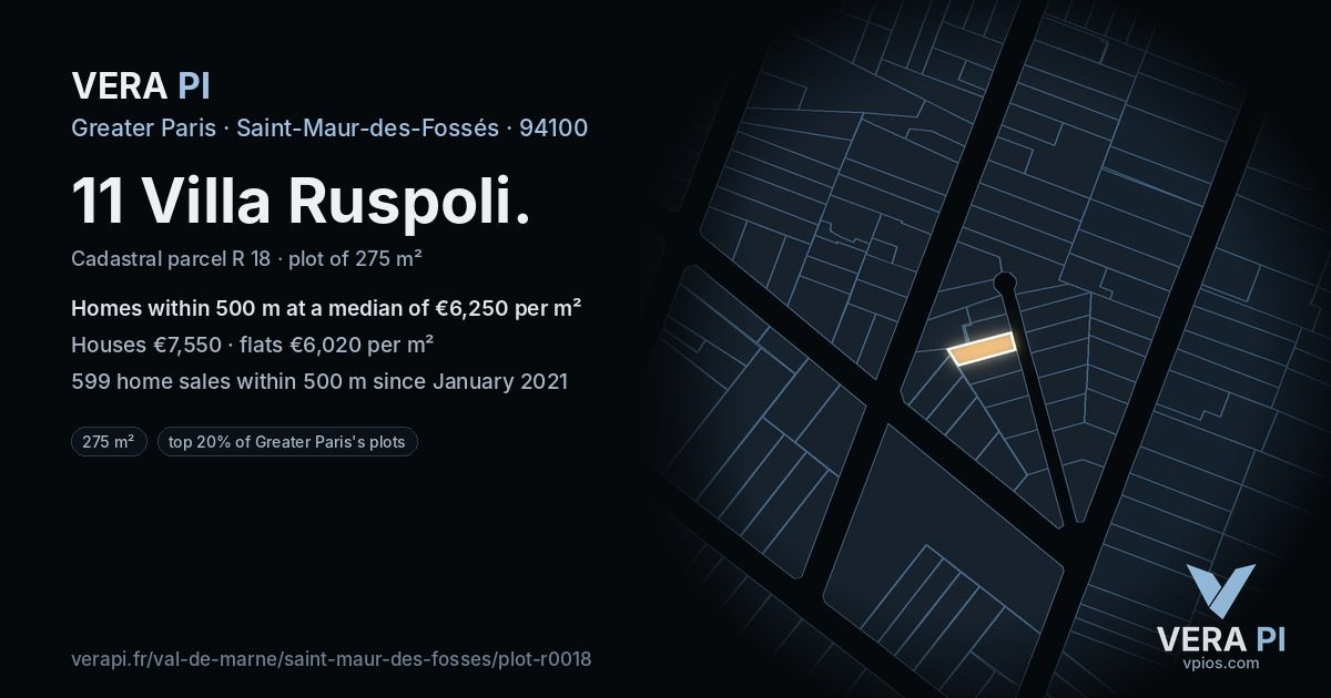 11 Villa Ruspoli, Saint-Maur-des-Fossés at night – the plot lit, the parcels around coloured by the prices near them