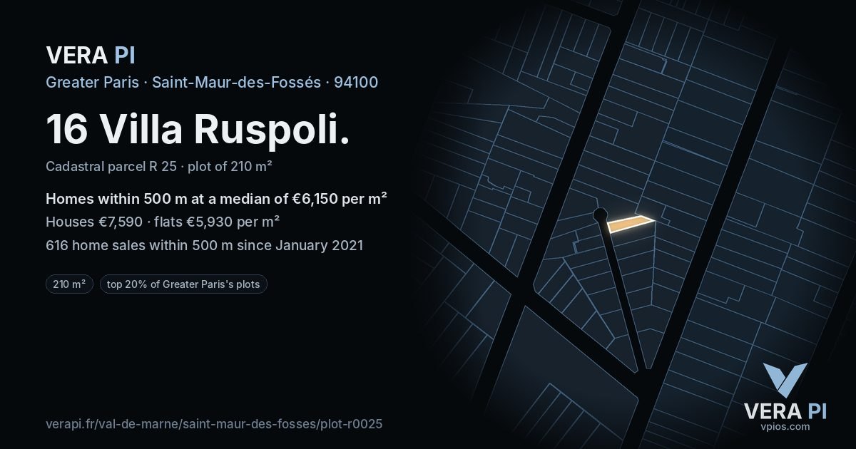 16 Villa Ruspoli, Saint-Maur-des-Fossés at night – the plot lit, the parcels around coloured by the prices near them