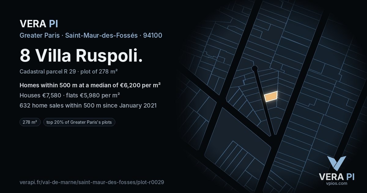 8 Villa Ruspoli, Saint-Maur-des-Fossés at night – the plot lit, the parcels around coloured by the prices near them