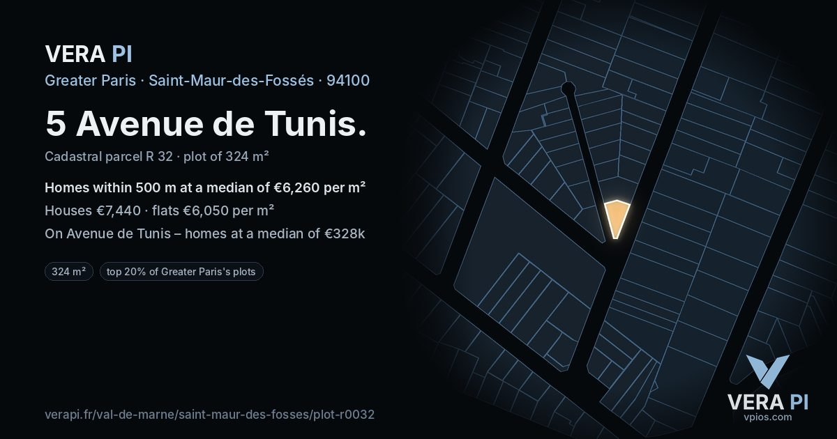 5 Avenue de Tunis, Saint-Maur-des-Fossés at night – the plot lit, the parcels around coloured by the prices near them