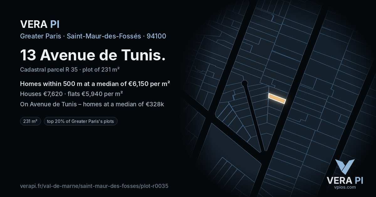 13 Avenue de Tunis, Saint-Maur-des-Fossés at night – the plot lit, the parcels around coloured by the prices near them