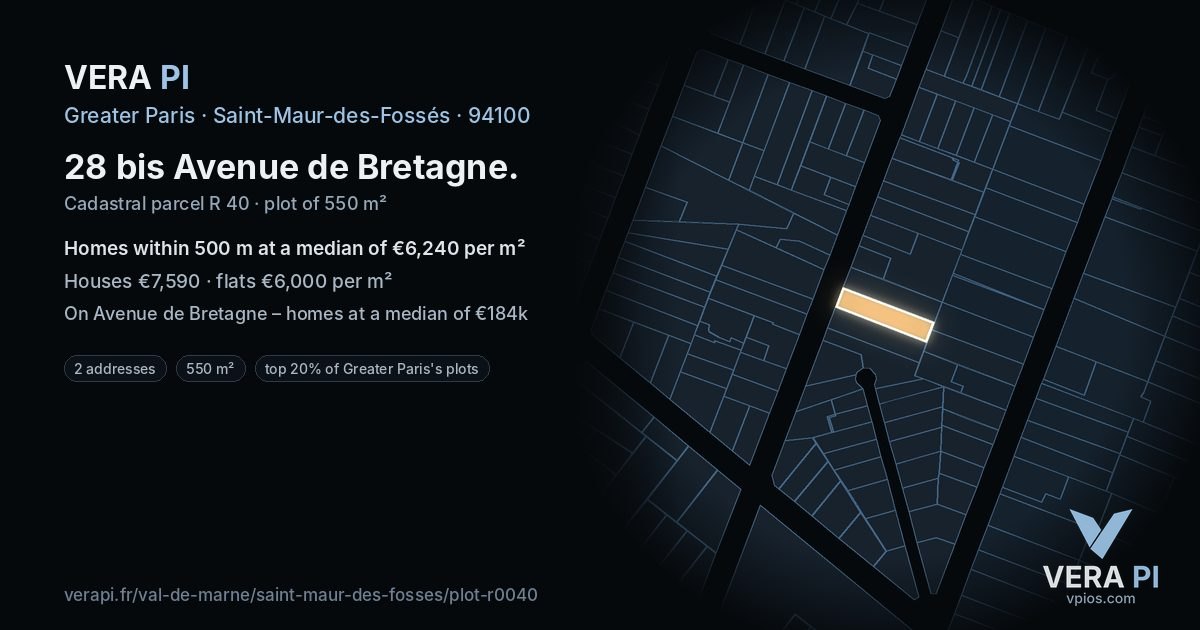 28 bis Avenue de Bretagne, Saint-Maur-des-Fossés at night – the plot lit, the parcels around coloured by the prices near them