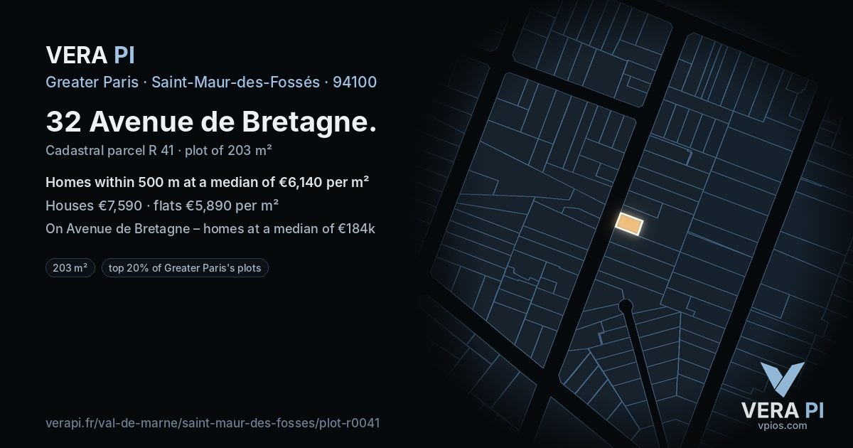 32 Avenue de Bretagne, Saint-Maur-des-Fossés at night – the plot lit, the parcels around coloured by the prices near them