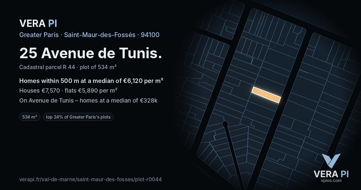 25 Avenue de Tunis, Saint-Maur-des-Fossés at night – the plot lit, the parcels around coloured by the prices near them