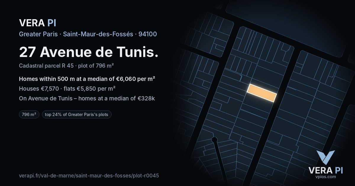 27 Avenue de Tunis, Saint-Maur-des-Fossés at night – the plot lit, the parcels around coloured by the prices near them