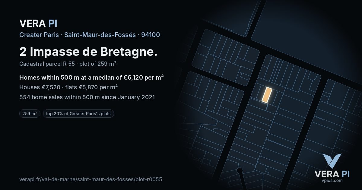 2 Impasse de Bretagne, Saint-Maur-des-Fossés at night – the plot lit, the parcels around coloured by the prices near them