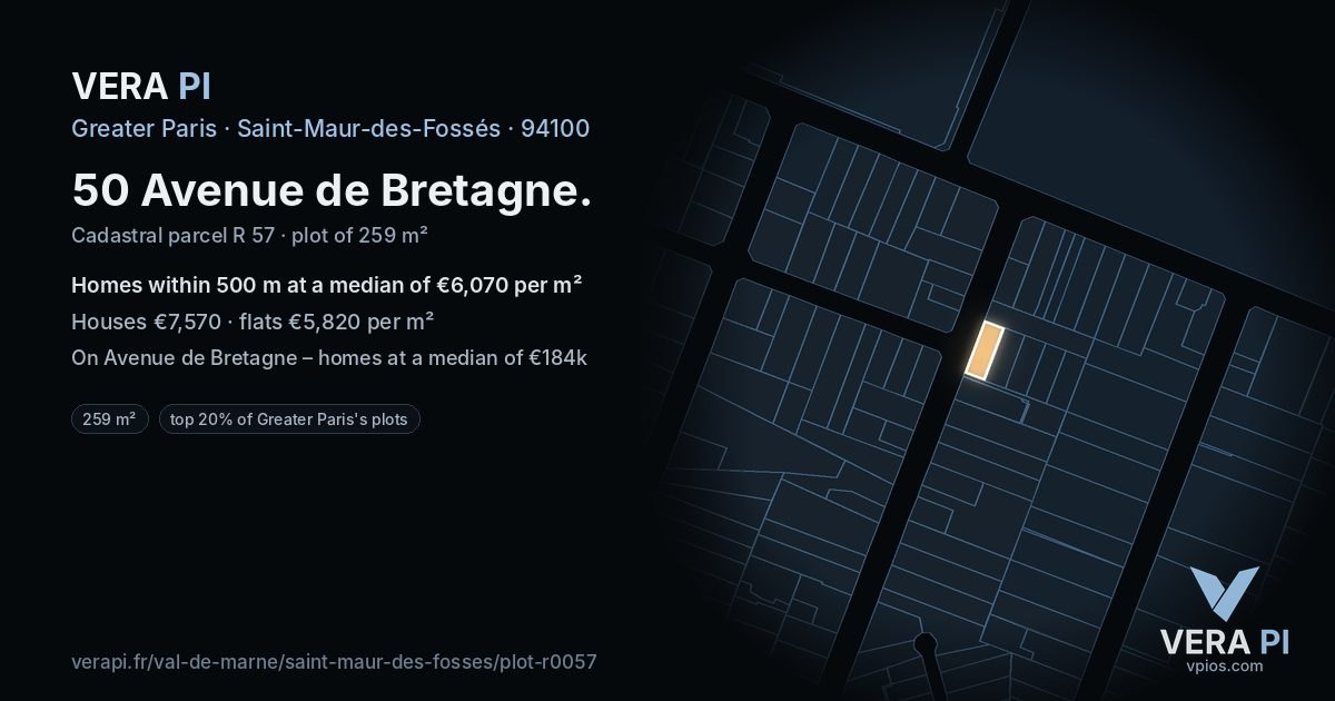 50 Avenue de Bretagne, Saint-Maur-des-Fossés at night – the plot lit, the parcels around coloured by the prices near them