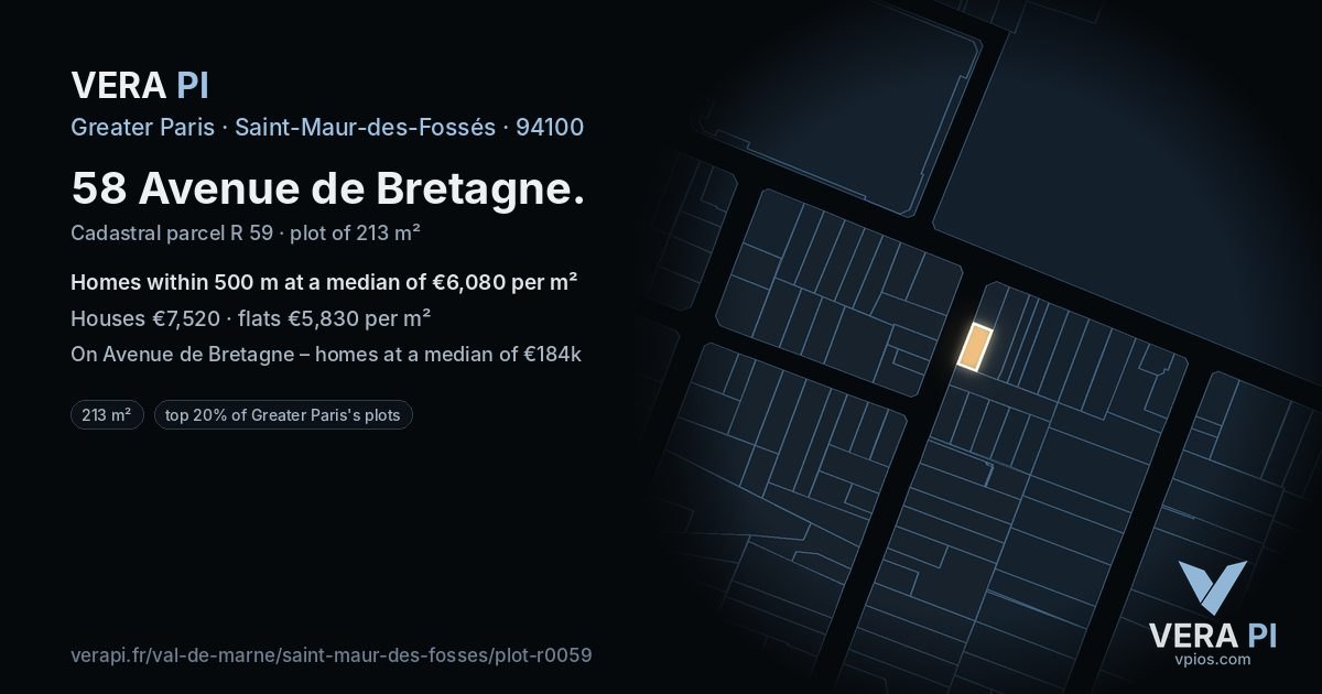 58 Avenue de Bretagne, Saint-Maur-des-Fossés at night – the plot lit, the parcels around coloured by the prices near them