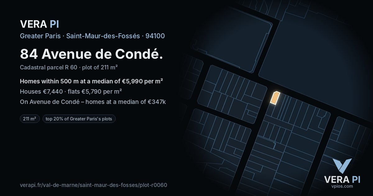 84 Avenue de Condé, Saint-Maur-des-Fossés at night – the plot lit, the parcels around coloured by the prices near them