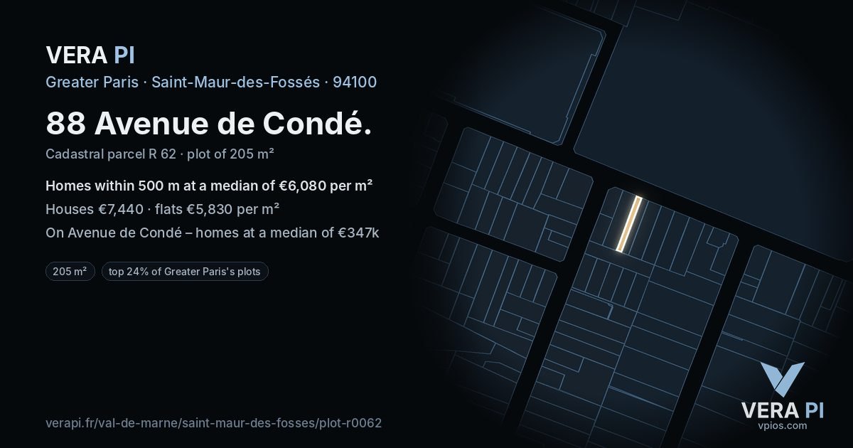 88 Avenue de Condé, Saint-Maur-des-Fossés at night – the plot lit, the parcels around coloured by the prices near them