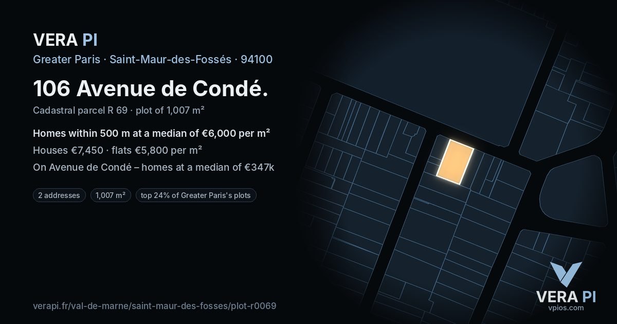 106 Avenue de Condé, Saint-Maur-des-Fossés at night – the plot lit, the parcels around coloured by the prices near them