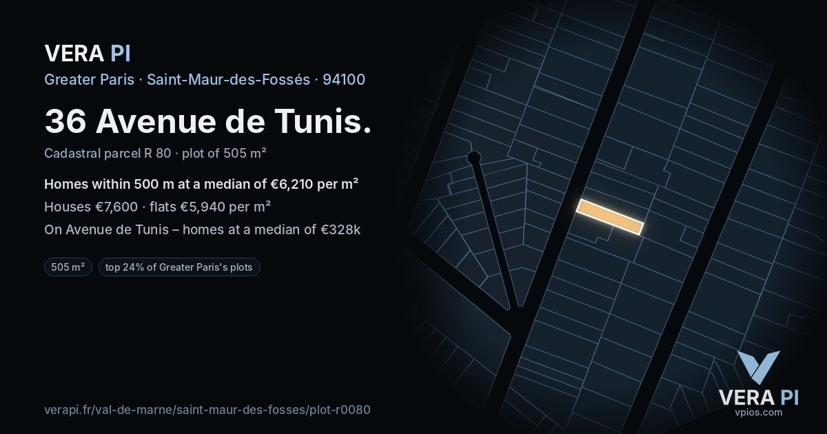 36 Avenue de Tunis, Saint-Maur-des-Fossés at night – the plot lit, the parcels around coloured by the prices near them