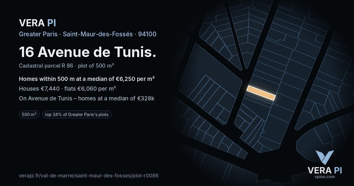16 Avenue de Tunis, Saint-Maur-des-Fossés at night – the plot lit, the parcels around coloured by the prices near them