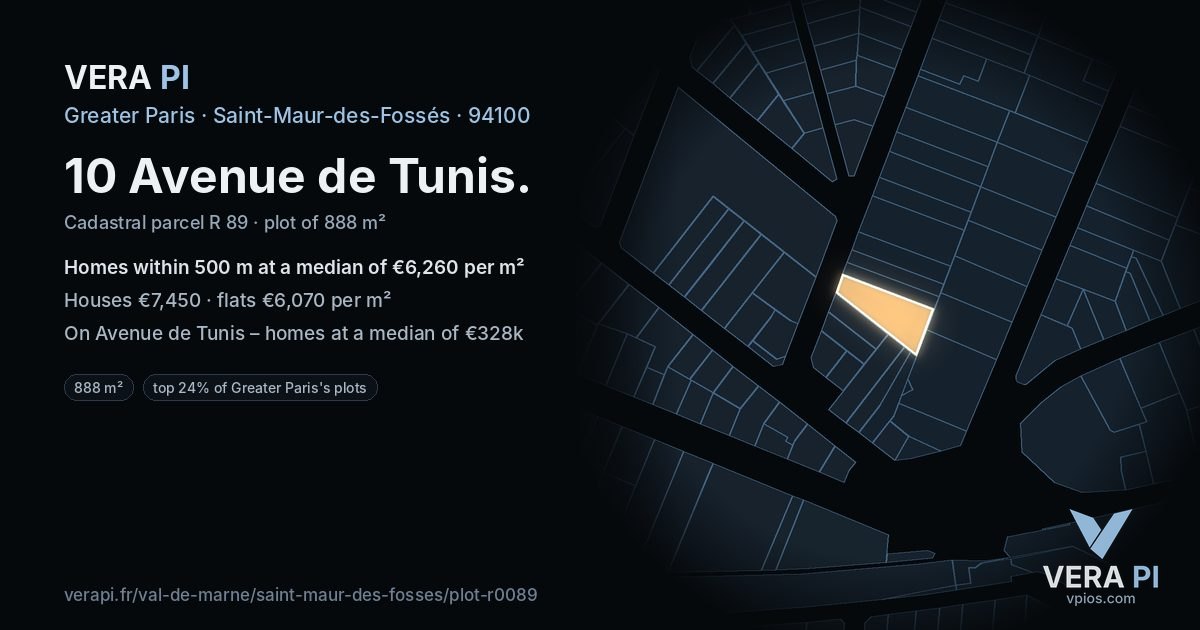 10 Avenue de Tunis, Saint-Maur-des-Fossés at night – the plot lit, the parcels around coloured by the prices near them