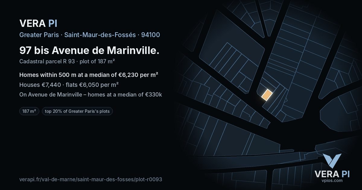 97 bis Avenue de Marinville, Saint-Maur-des-Fossés at night – the plot lit, the parcels around coloured by the prices near them