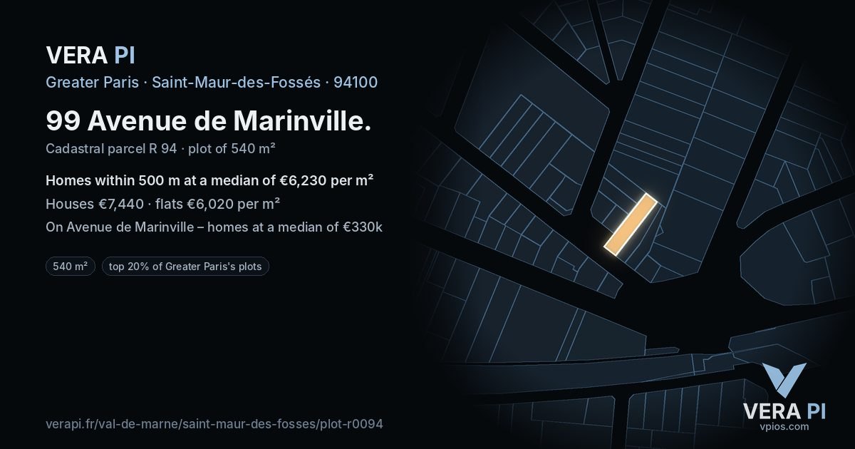 99 Avenue de Marinville, Saint-Maur-des-Fossés at night – the plot lit, the parcels around coloured by the prices near them