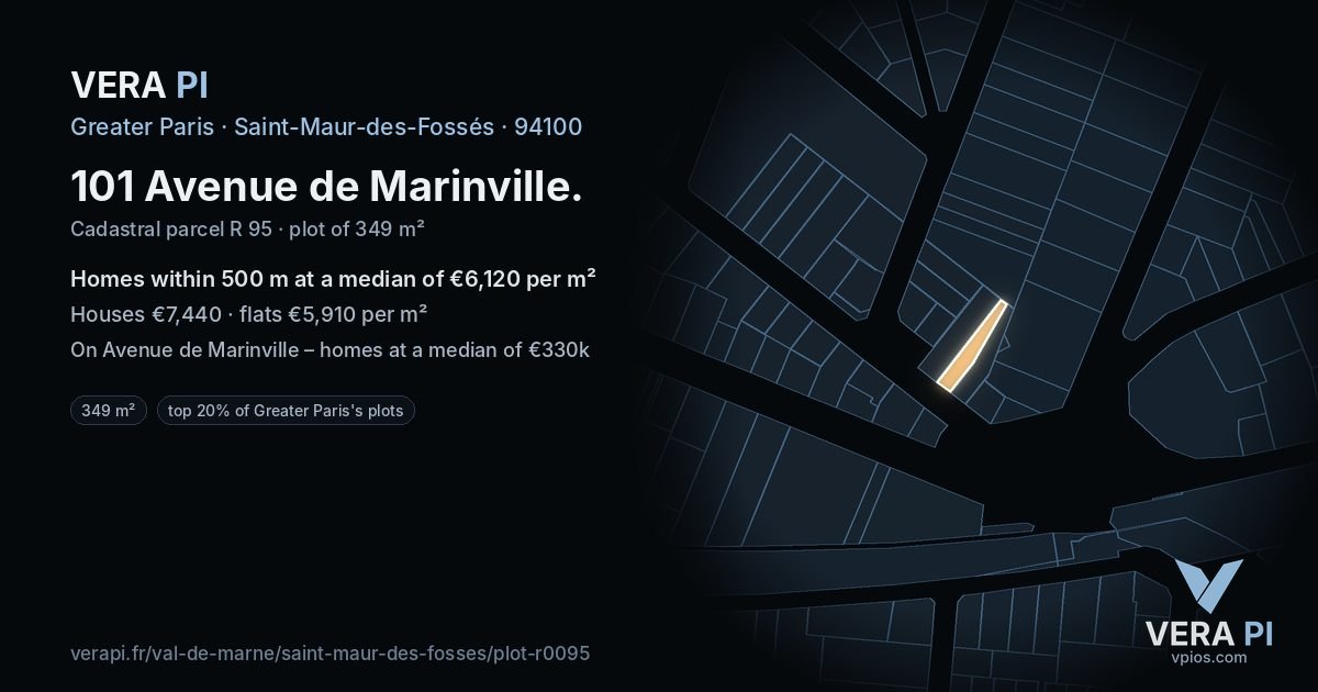 101 Avenue de Marinville, Saint-Maur-des-Fossés at night – the plot lit, the parcels around coloured by the prices near them