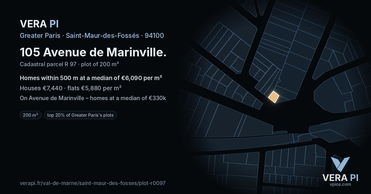 105 Avenue de Marinville, Saint-Maur-des-Fossés at night – the plot lit, the parcels around coloured by the prices near them