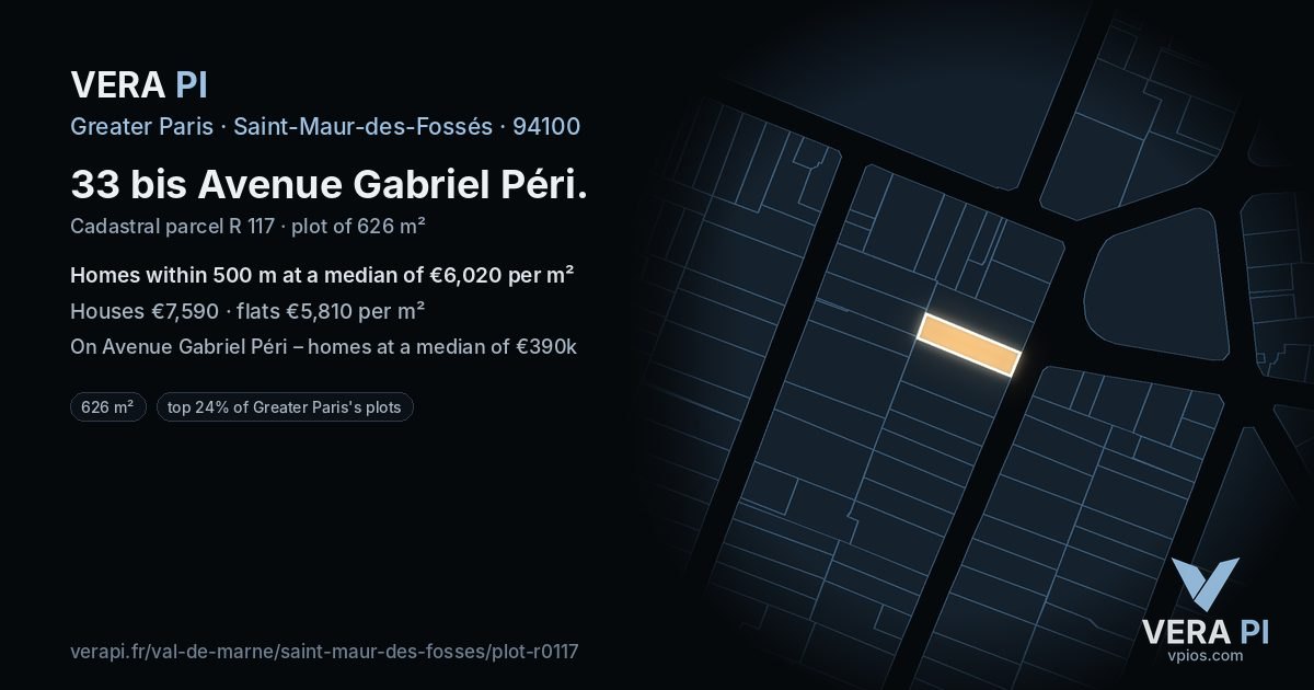 33 bis Avenue Gabriel Péri, Saint-Maur-des-Fossés at night – the plot lit, the parcels around coloured by the prices near them