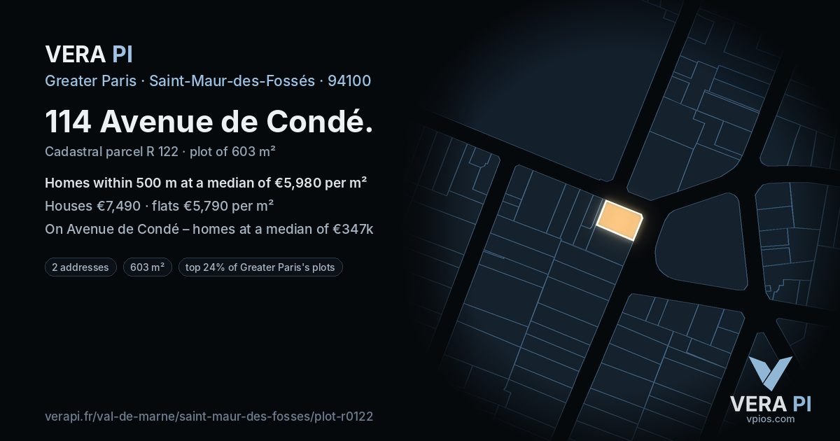 114 Avenue de Condé, Saint-Maur-des-Fossés at night – the plot lit, the parcels around coloured by the prices near them