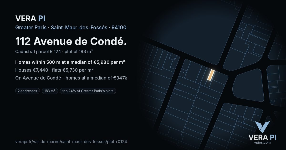112 Avenue de Condé, Saint-Maur-des-Fossés at night – the plot lit, the parcels around coloured by the prices near them