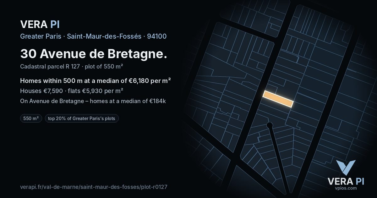 30 Avenue de Bretagne, Saint-Maur-des-Fossés at night – the plot lit, the parcels around coloured by the prices near them