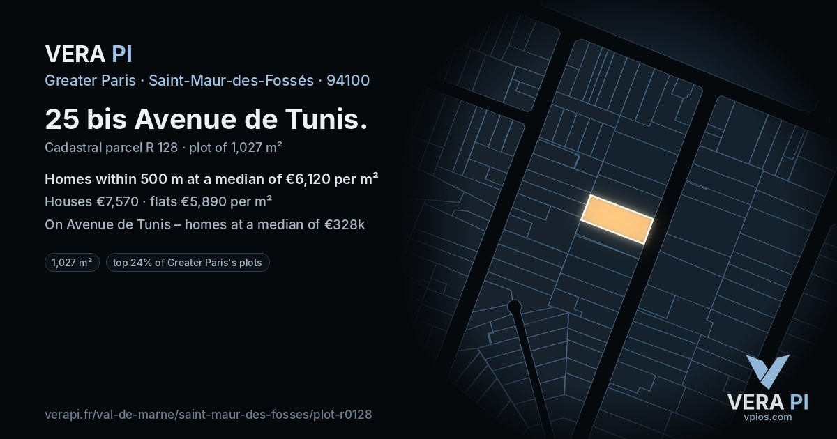 25 bis Avenue de Tunis, Saint-Maur-des-Fossés at night – the plot lit, the parcels around coloured by the prices near them