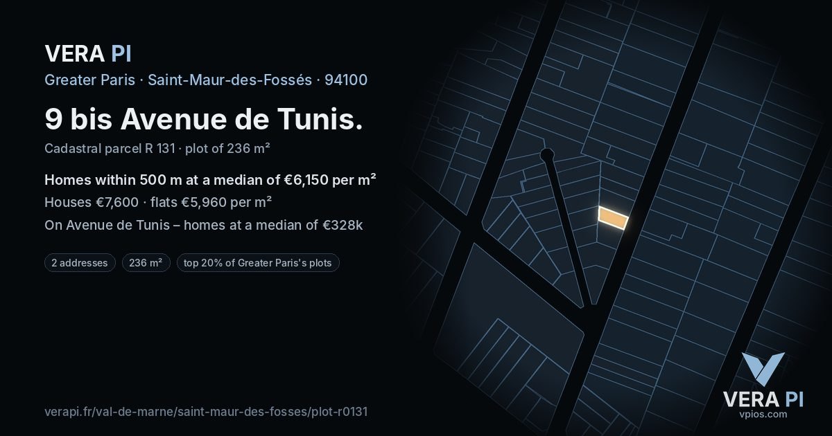 9 bis Avenue de Tunis, Saint-Maur-des-Fossés at night – the plot lit, the parcels around coloured by the prices near them