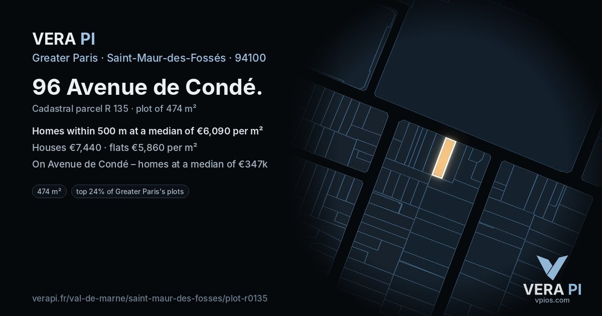 96 Avenue de Condé, Saint-Maur-des-Fossés at night – the plot lit, the parcels around coloured by the prices near them