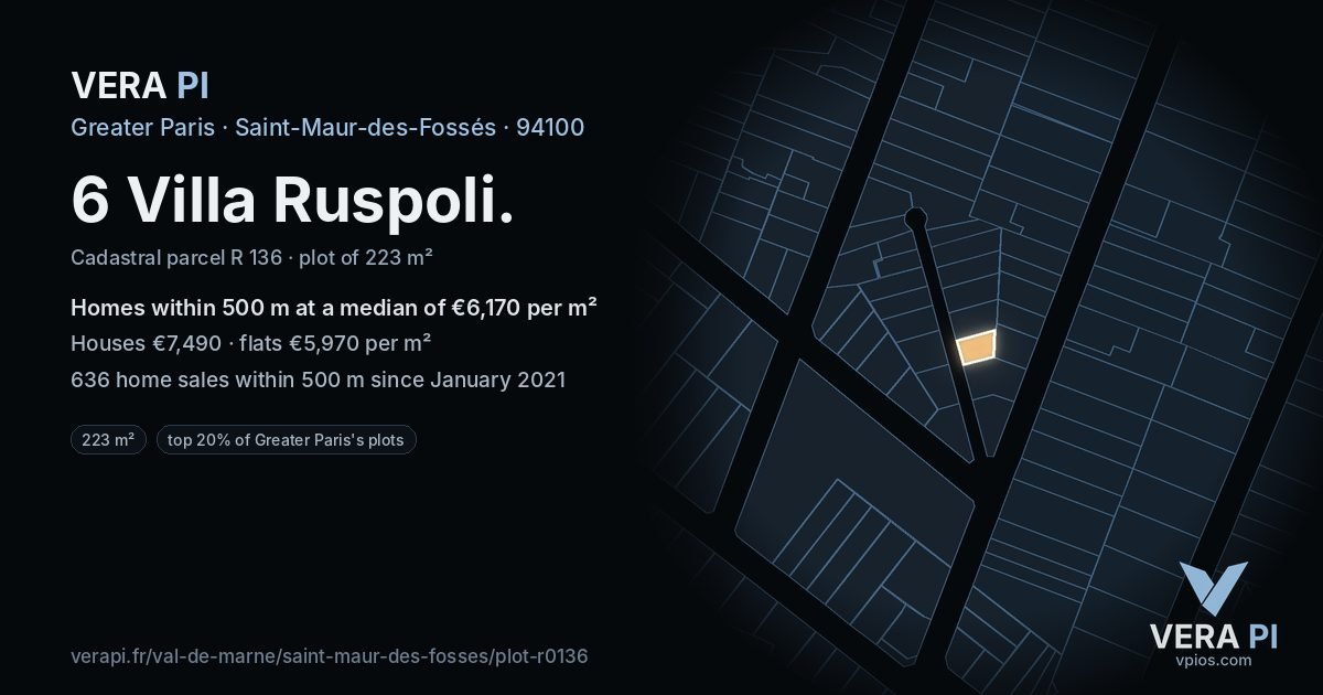 6 Villa Ruspoli, Saint-Maur-des-Fossés at night – the plot lit, the parcels around coloured by the prices near them