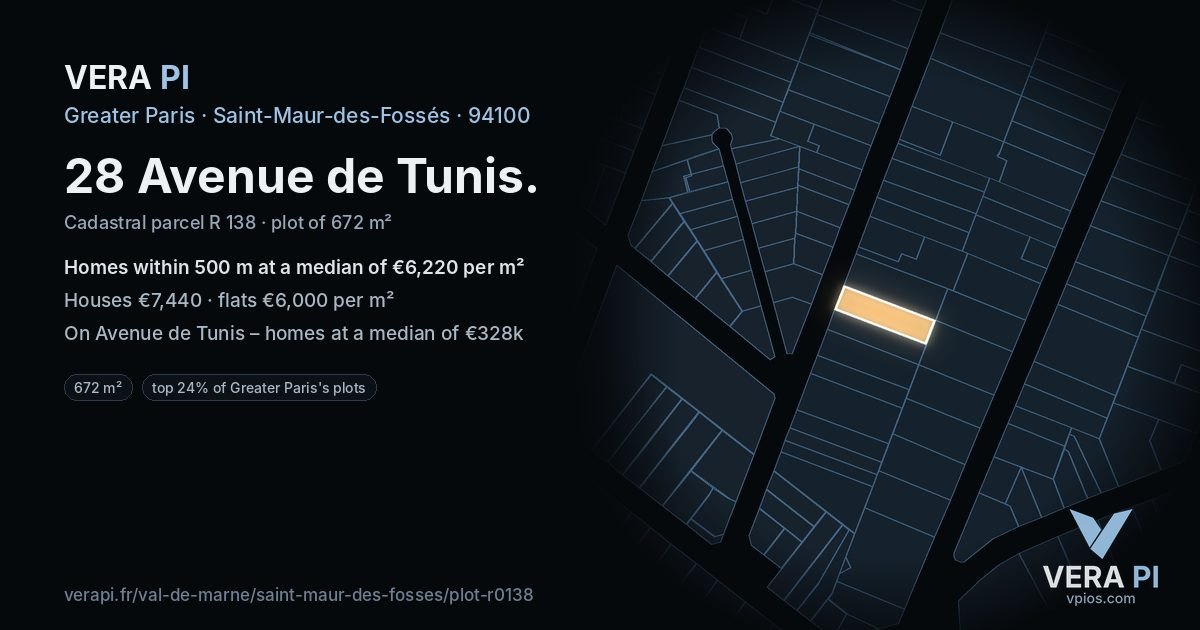 28 Avenue de Tunis, Saint-Maur-des-Fossés at night – the plot lit, the parcels around coloured by the prices near them