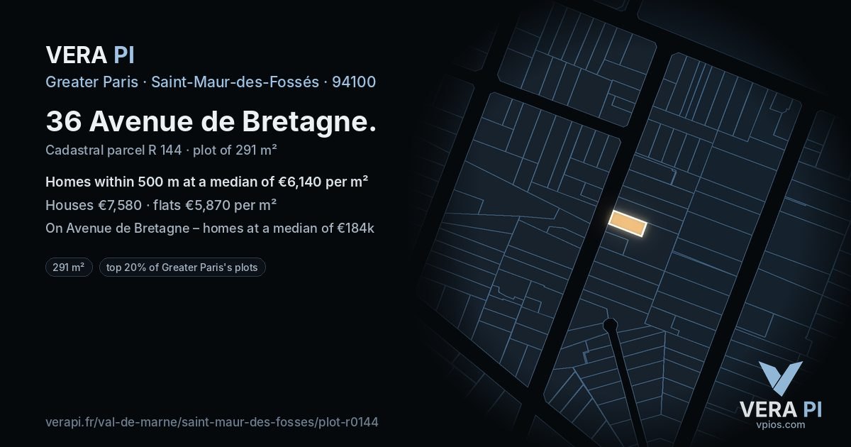 36 Avenue de Bretagne, Saint-Maur-des-Fossés at night – the plot lit, the parcels around coloured by the prices near them