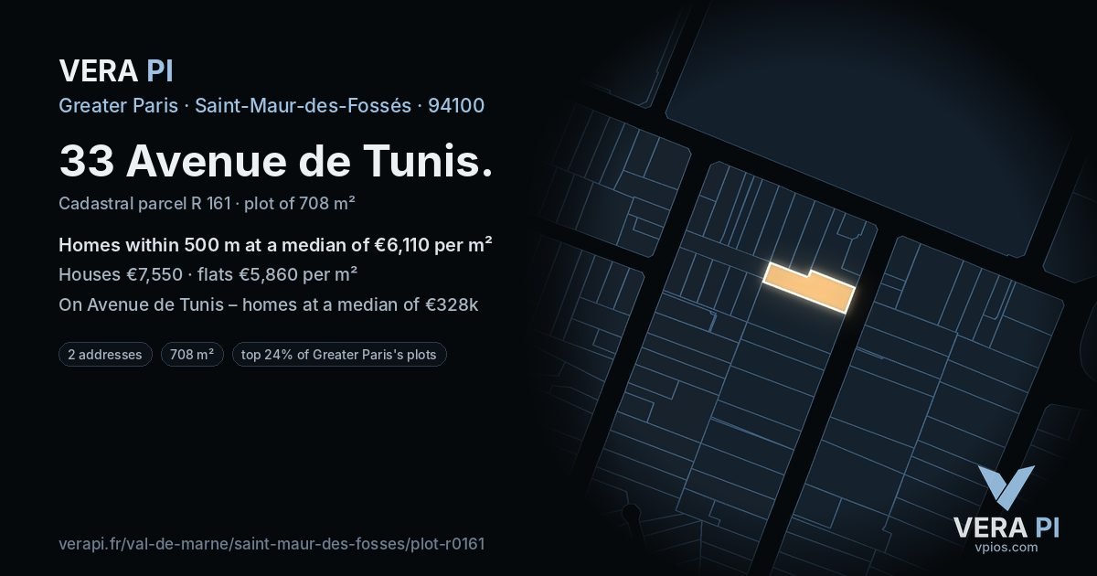 33 Avenue de Tunis, Saint-Maur-des-Fossés at night – the plot lit, the parcels around coloured by the prices near them
